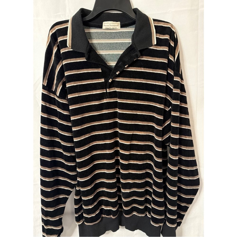 Vintage Norm Thompson Velour Polo Shirt Men’s Striped Y2K Long Sleeve Retro